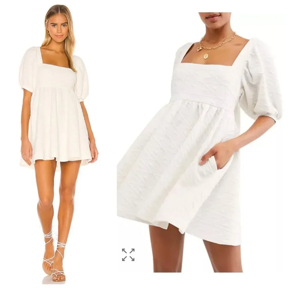 Free People White Puff Sleeve Mini Dress sz L